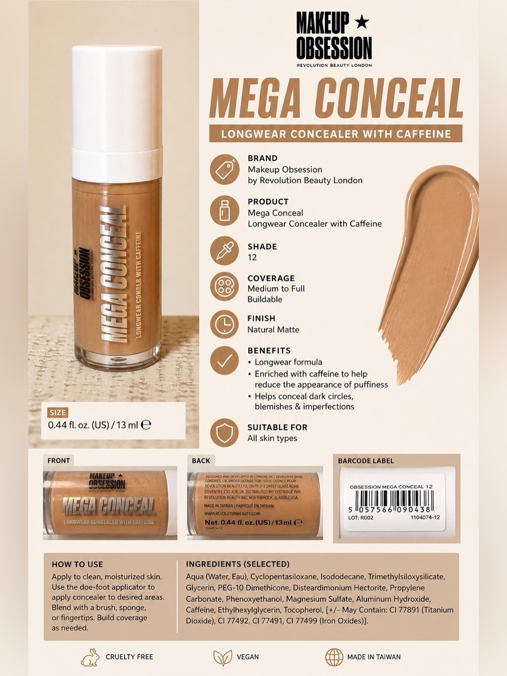 Revolution Mega Conceal Longwear Concealer - Shade 12 Natural Tan